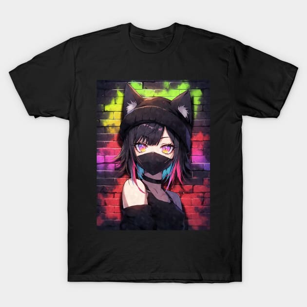 Kawaii Aesthetic Colorful Nekomimi Anime Cat Girl Graffiti Art Style T-Shirt by TenchiMasaki